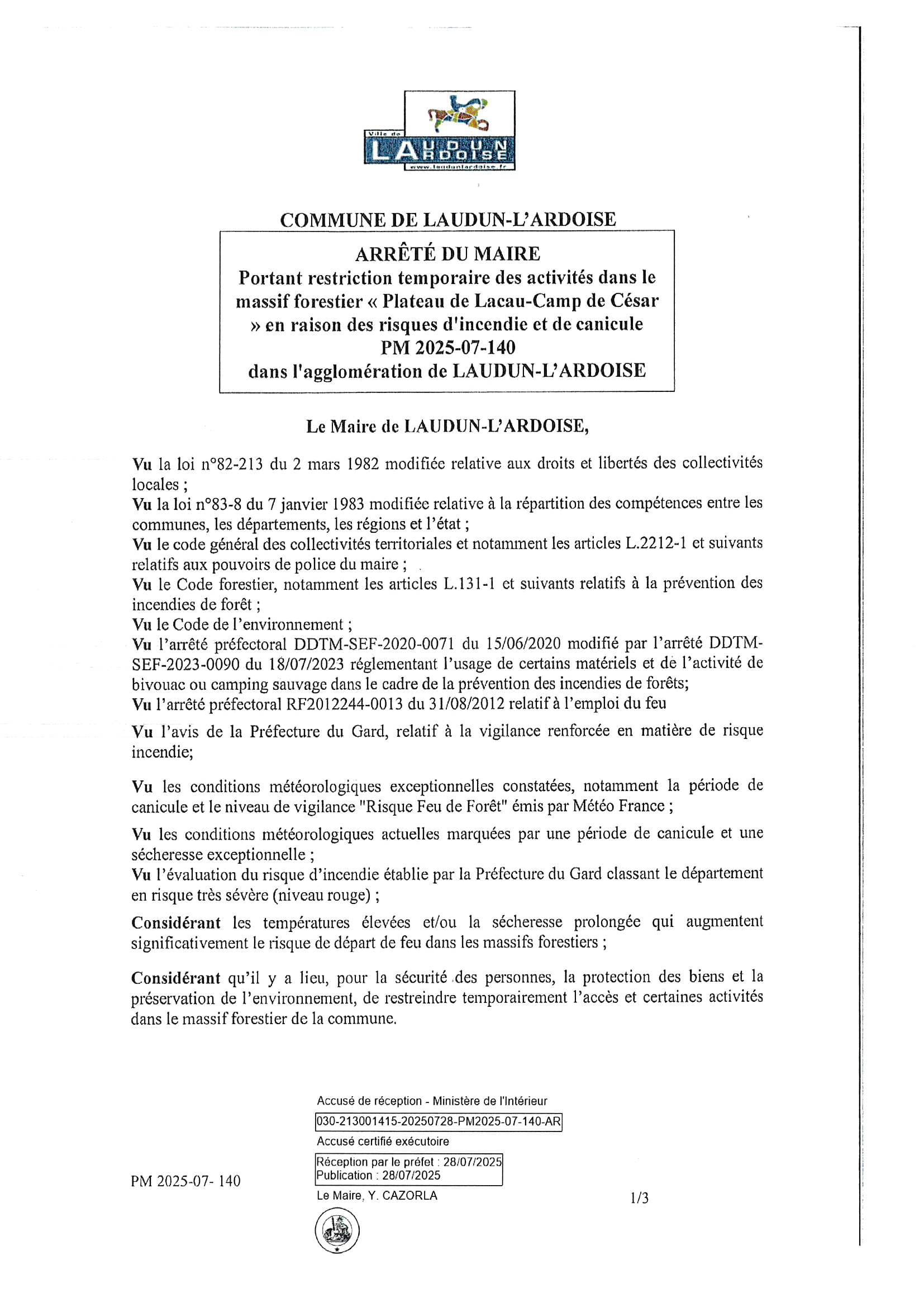 140 PM 2025 07 140 Restriction temporaire des activités massif forestier Plateau de Lacau camp de césar 1