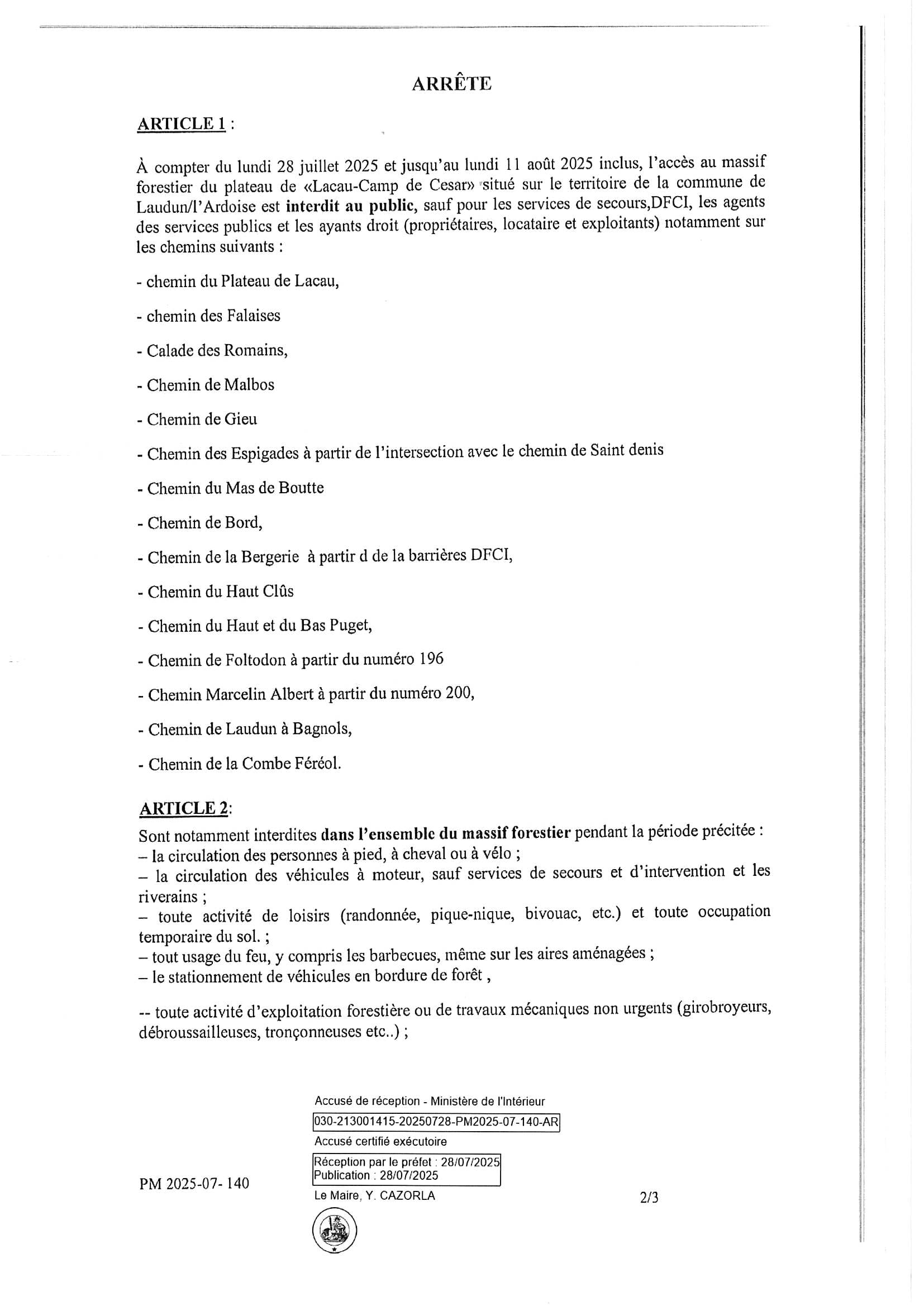 140 PM 2025 07 140 Restriction temporaire des activités massif forestier Plateau de Lacau camp de césar 2